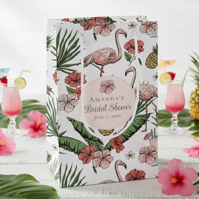 Sacola Para Presentes Pequena Chá de Bebê de Flamingo Rosa Tropical e Hibisco (Chic White Tropical Floral Pink Flamingo, Hibiscus Flowers & Banana Leaves Bridal Shower Gift Bags)
