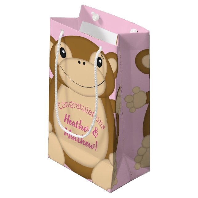 Sacola Para Presentes Pequena Chá de fraldas de macaco rosa (Frente inclinada)