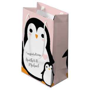 Sacola Para Presentes Pequena Chá de fraldas de pinguim bonito, garoto azul