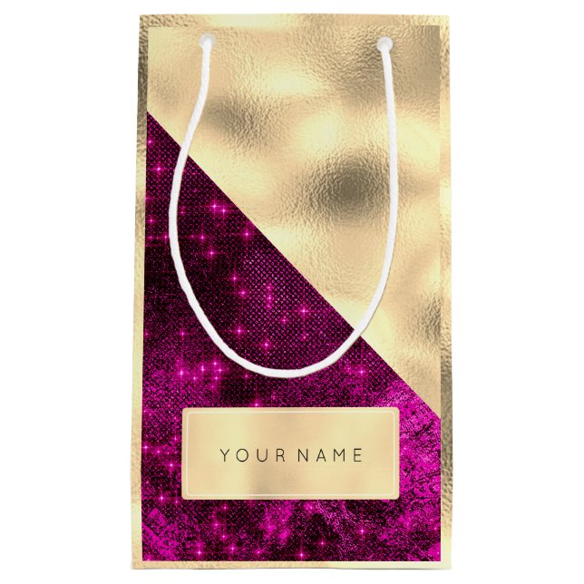 Sacola Para Presentes Pequena Champaigne Faux Dourado Name Spark Fuchsia Pink (Frente)