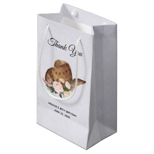 Sacola Para Presentes Pequena Chapéu de Cowgirl Brown com Flores Rosa Obrigado