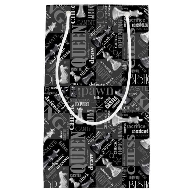 Sacola Para Presentes Pequena Chess Termos e peças preto e branco ID784 (Frente)