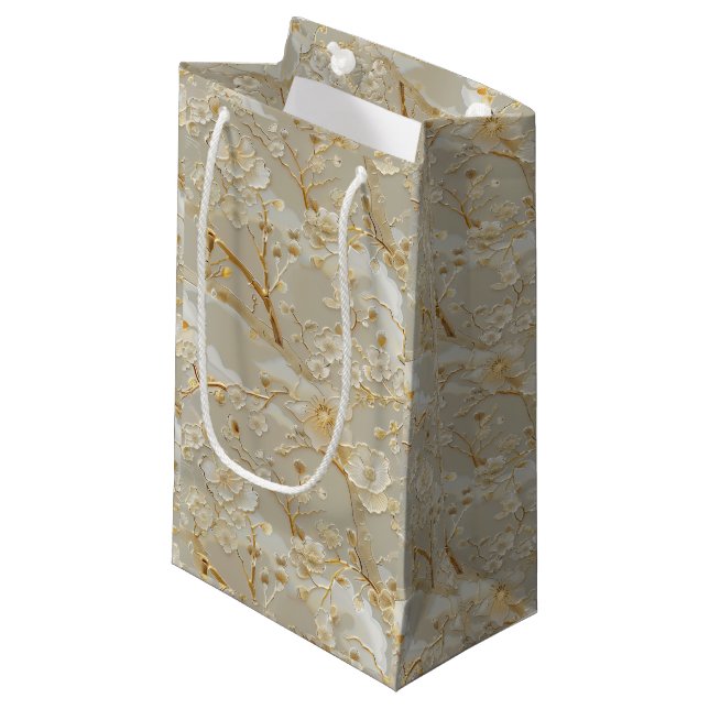 Sacola Para Presentes Pequena Chic gold cream floral (Frente inclinada)