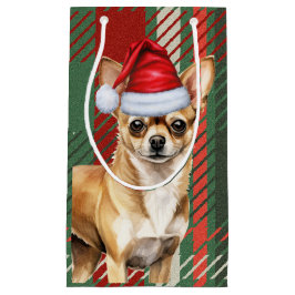 Sacola Para Presentes Pequena Chihuahua Cachorro Vermelho Xadrez Verde Natal