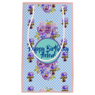 Sacola Para Presentes Pequena Chique Azul Gingham Floral Gift Bag
