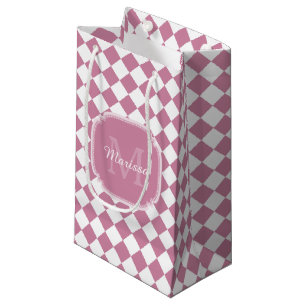 Sacola Para Presentes Pequena Chique Nome Monogramado Xadrez Rosa e Branco