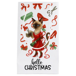 Sacola Para Presentes Pequena Christmas Funny Glam Siamese Cat Holiday 
