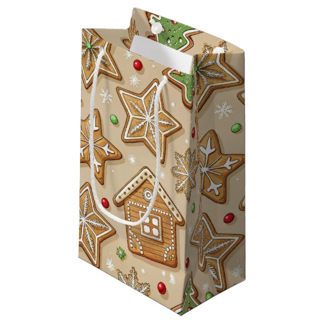 SACOLA PARA PRESENTES PEQUENA CHRISTMAS GINGERBREAD COOKIE HOUSES AND STARS (Frente inclinada)