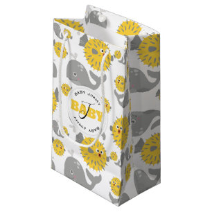 Sacola Para Presentes Pequena Cinza Baleia e Blowfish Cartoon Baby Monograma