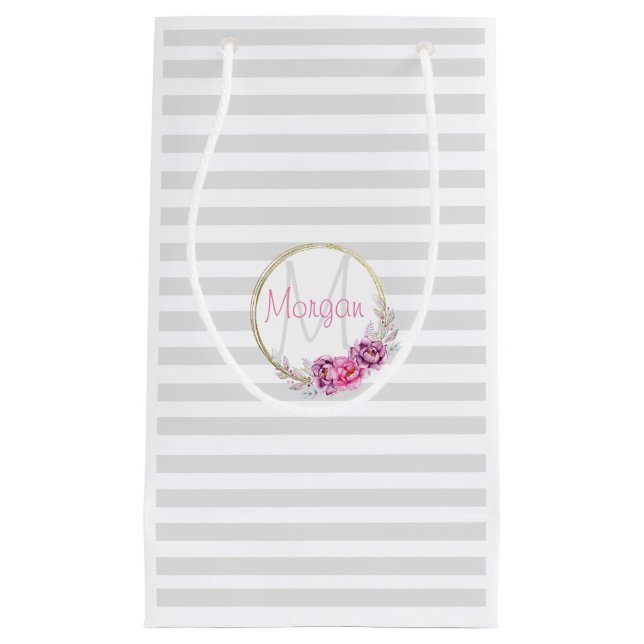 Sacola Para Presentes Pequena Cinza de Monograma Floral Elegante Personalizada (Frente)