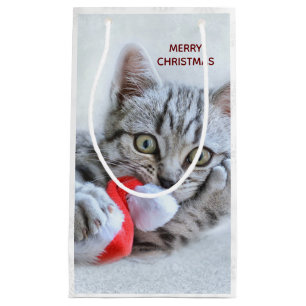 Sacola Para Presentes Pequena Cinzas bonitas por gato com Natal