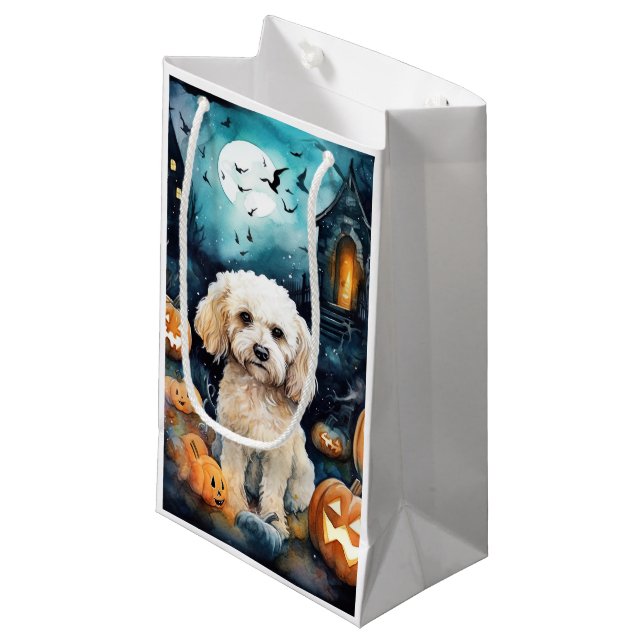 Sacola Para Presentes Pequena Cockapoo De Halloween Com Pumpkins Assustado (Frente inclinada)