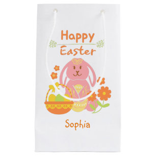 Sacola Para Presentes Pequena Coelho rosa-felz pascoa e flores