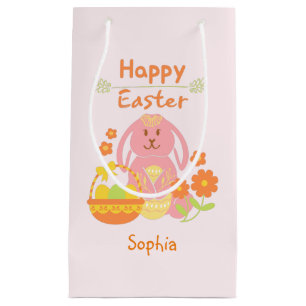 Sacola Para Presentes Pequena Coelho rosa-felz pascoa e Flores Pequeno Presente