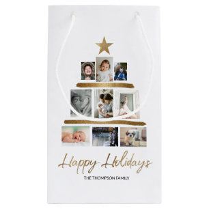 Sacola Para Presentes Pequena Colagem de fotos da família de árvores de Natal Fe