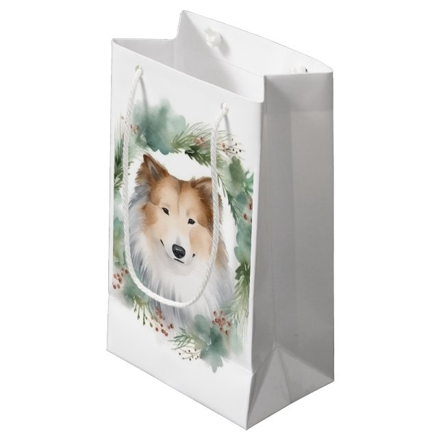 Sacola Para Presentes Pequena Collie Christmas Wreath Festivo Pup (Frente inclinada)