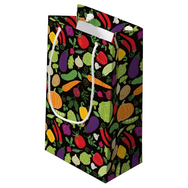 Sacola Para Presentes Pequena Comida em um fundo preto (Verso inclinado)