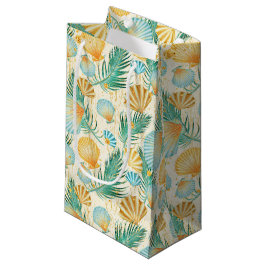 SACOLA PARA PRESENTES PEQUENA CONCHAS E FOLHAS TROPICAIS AZUL OURO VERDE