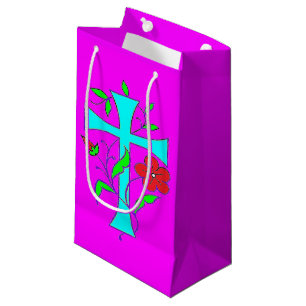Sacola Para Presentes Pequena Cor rosa-azul com flores vermelhas cruz azul