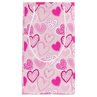Sacola Para Presentes Pequena Coração com padrão romântico de rosa e magenta