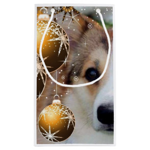 Sacola Para Presentes Pequena Corgi do feriado com bulbos