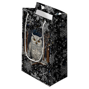 Sacola Para Presentes Pequena Coruja branca elegante de Natal, floresta de inver