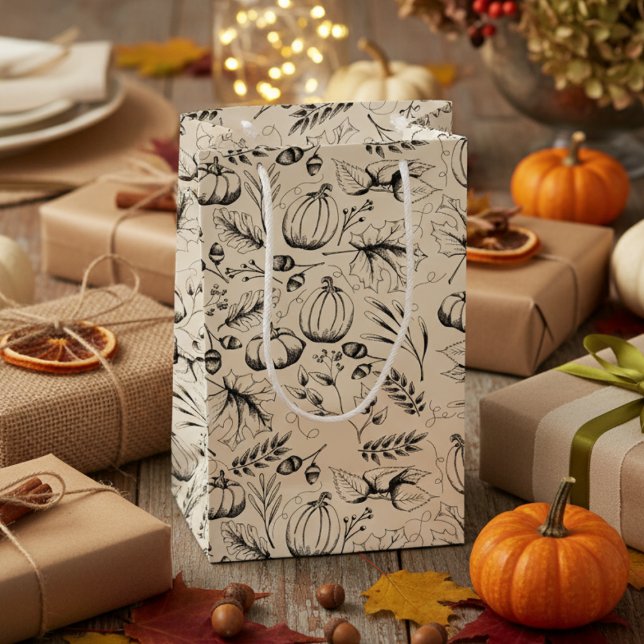 Sacola Para Presentes Pequena Creme Elegante Colheita de Colheita de Bombas Folh (Elegant Modern Fall Harvest & Foliage Black and White Gift Bags. Autumn Pumpkins & Leaves Pattern)