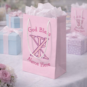 Sacola Para Presentes Pequena Cruz Cristã Chi Ro Rosa em Personalizado Rosa