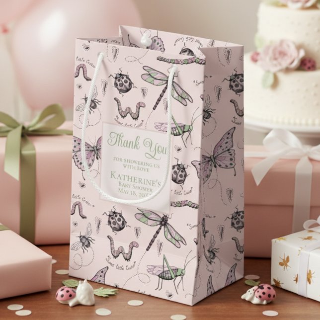 Sacola Para Presentes Pequena Cute Blush Pink and Green Insect Pattern (Blush Pink Insect Pattern Thank You Baby Shower Gift Bag for Mother to Be. Cute Pink & Green Bugs)