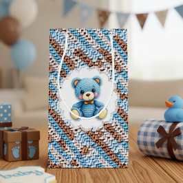 Sacola Para Presentes Pequena Cute Crochet Teddy Bear Blue and Brown