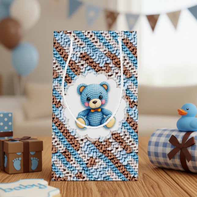 Sacola Para Presentes Pequena Cute Crochet Teddy Bear Blue and Brown (Criador carregado)