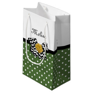 Sacola Para Presentes Pequena Cute Green Dots Yellow Rose Chevron Arco e Nome