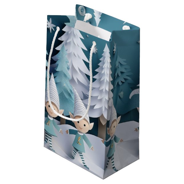 Sacola Para Presentes Pequena Cutout Elves in the Snow Christmas  (Verso inclinado)