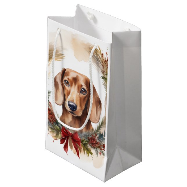 Sacola Para Presentes Pequena Dachshund Christmas Wreath Festivo Pup (Frente inclinada)