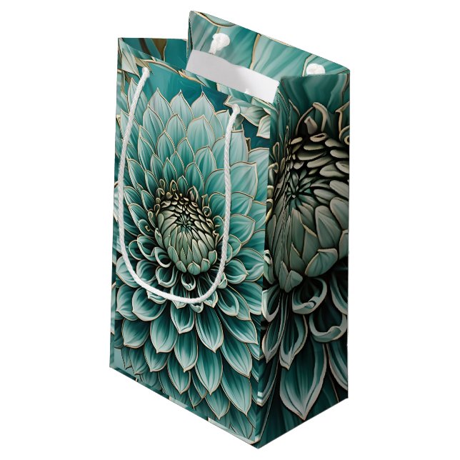 Sacola Para Presentes Pequena Dahlia Flower in Teal Aqua Blue Digital Art (Verso inclinado)