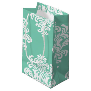 Sacola Para Presentes Pequena Damasco Branco sobre o Padrão Aqua