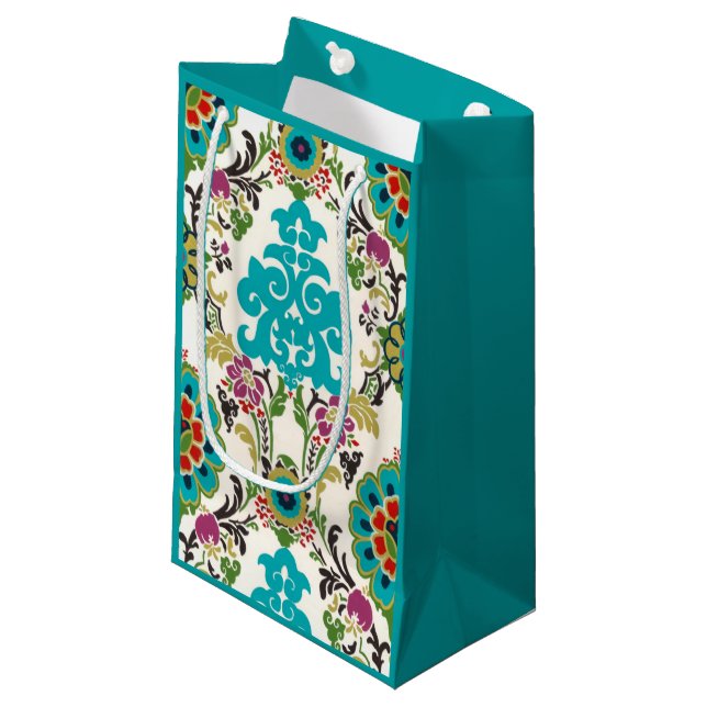 Sacola Para Presentes Pequena Damask Floral Patternos Plum Turquoise (Frente inclinada)