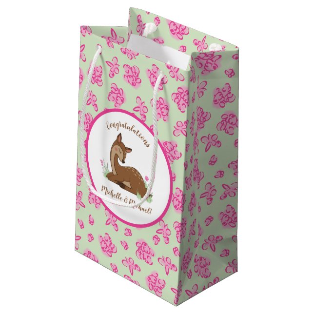 Sacola Para Presentes Pequena Deer Chá de fraldas Woodland Fawn Rosa (Verso inclinado)