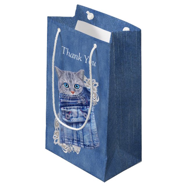 Sacola Para Presentes Pequena Denim Jean bolsos, Kittens e Lace (Frente inclinada)