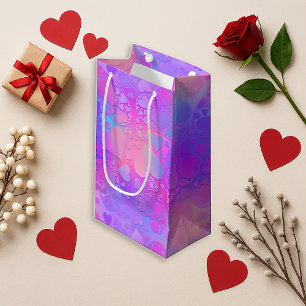 Sacola Para Presentes Pequena Desenho de Coração Holográfico Rosa Vibrante