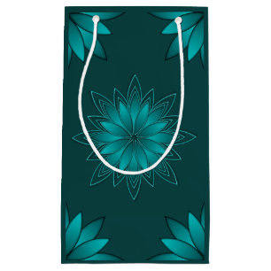 Sacola Para Presentes Pequena Desenho de Mandala de Folha Verde-azulado em Ciano