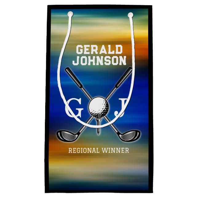 Sacola Para Presentes Pequena Design de Monograma de Golf Sunset Personalizado (Frente)