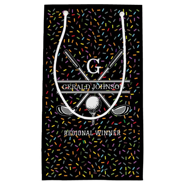 Sacola Para Presentes Pequena Design de Monograma de Golfe com Confetes Personal (Frente)