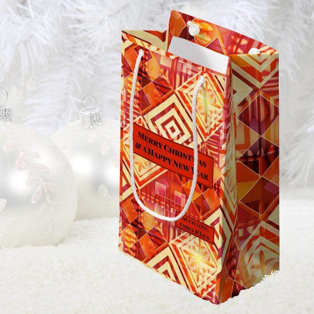 Sacola Para Presentes Pequena Design festivo moderno e colorido (Christmas gift bag featuring a modern abstract geometric design in warm colors)