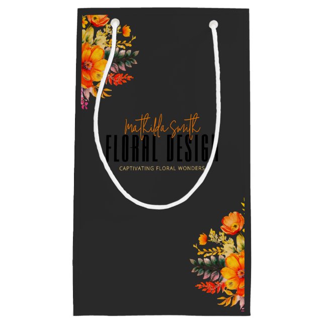 Sacola Para Presentes Pequena Design Floral Sofisticado Flores Laranja Preto (Frente)