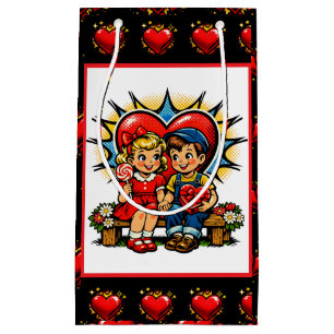 Sacola Para Presentes Pequena Dia dos Namorados   Retro Pop Art Menino e Menina