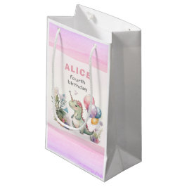 Sacola Para Presentes Pequena Dino Party Watercolor Girl Pink Birday