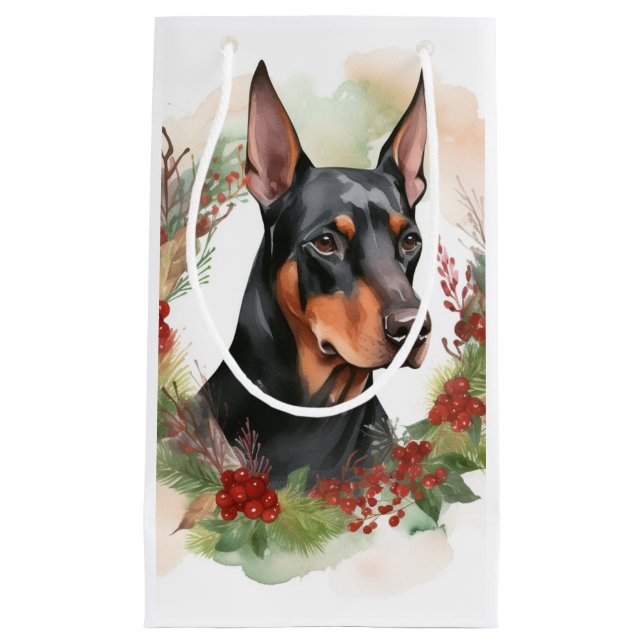 Sacola Para Presentes Pequena Doberman Christmas Wreath Festivo Pup (Frente)