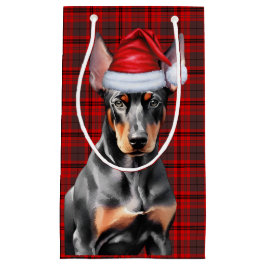Sacola Para Presentes Pequena Doberman Pinscher Dog and Red Christmas Plaid