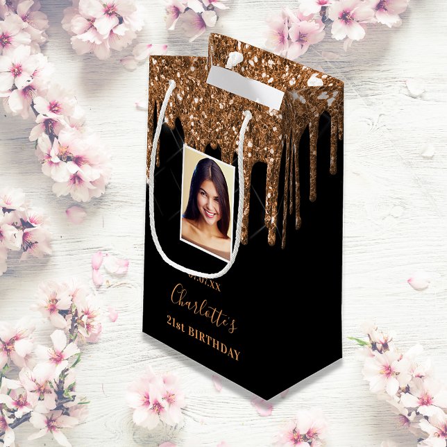 Sacola Para Presentes Pequena Dobras de brilho preto de aniversário de fotos per (Criador carregado)